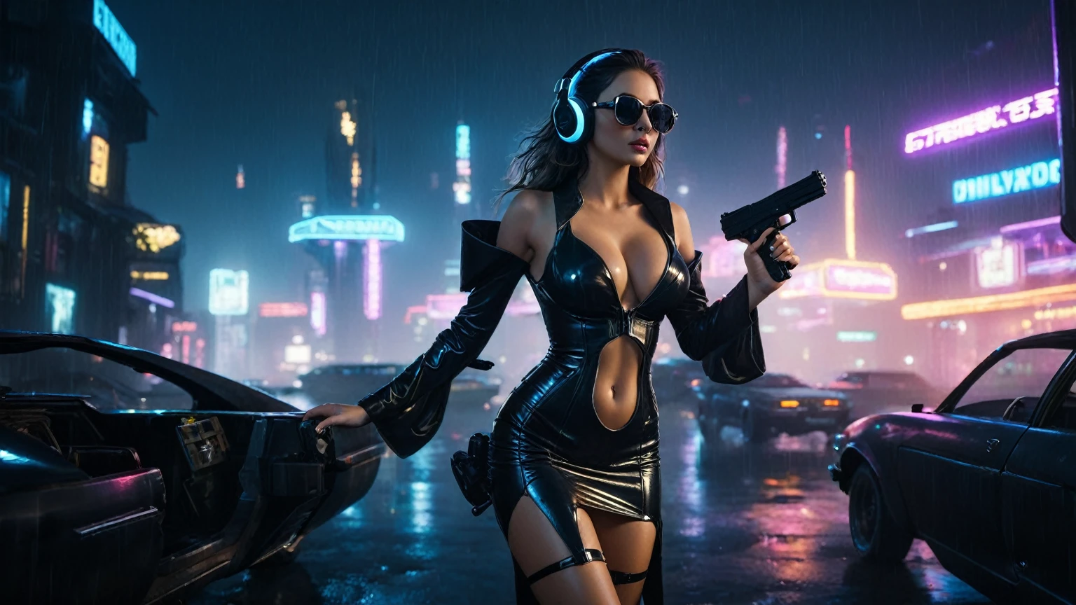 (aerial view, a flying cars docking platform, a very dark abandoned futuristic city, neon lights), rainy night. (((1girl, solo, alone))), large-breast:1.2 slim body, cleavage:1.1, sexy wind blowing wet dress:1.4, (((headphone, black sunglasses, standing and holding pistol:1.8, dynamic rushing pose))), (((((half-body thigh level medium shot))))), cinematic lighting, lens flare, ray tracing.