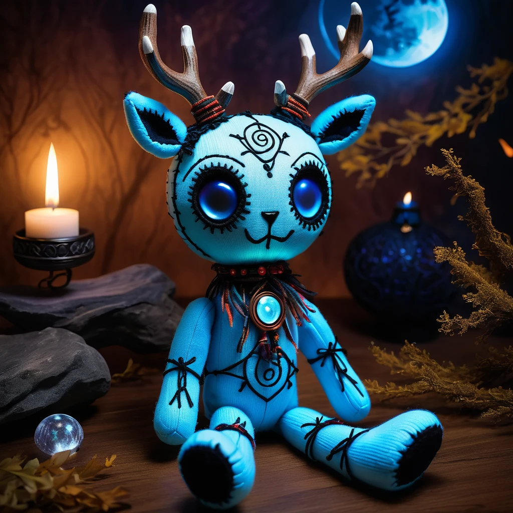 (knitted toy voodoo doll:1.7), (Voodoo Phantom Deer:1.3), (Clothing: spectral fur with glowing blue eyes:1.0), (Accessories: enchanted antlers, glowing moon amulet, mystical ghostly breath:1.2), (background: moonlit glade with floating, glowing spirits and ancient stone circles:1.2), best quality, masterpiece, detailed soft oil painting, detailed background, dramatic cinematic lighting, soft edge lighting, professional, dramatic lighting, hard edge lighting, ultra quality, 4k,masterpiece, best quality, 8k, ultra highres, highres, extremely detailed