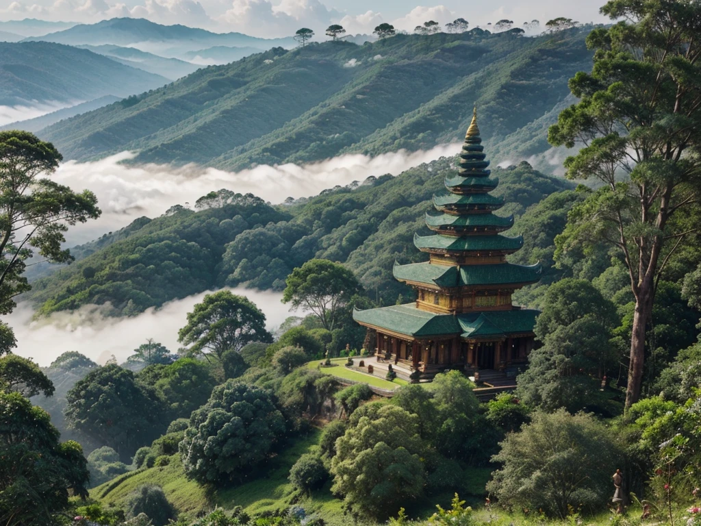 A serene landscape at Doi Inthanon, Thailand, lush green forest, misty mountains, ancient temple, ornate stone carvings, ornate architecture, intricate details, beautiful natural scenery, vibrant colors, warm lighting, photorealistic, masterpiece, 8k, highly detailed