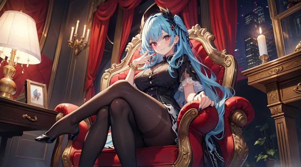 Highest quality, masterpiece, figure, wallpaper,One girl,Black Shirt, Light Hair, Beautiful detailed girl, Highly detailed eyes and face, Beautiful attention to detail, Shine,Browsing Caution, View your viewers, Chair, night, Black Pantyhose, Straight hair, Red Eyes, Semi-long hair,beautiful light blue hair, thick_Thighs, Large Breasts, Red eyes,beautiful finger, clear background, deep night, sit、smile、Big earrings、bracelet、Gal、candle、Manicure、ring