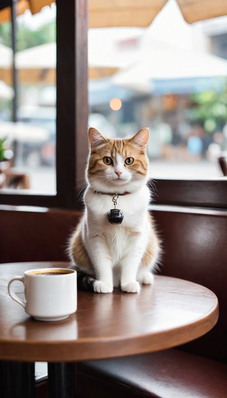 photography of a cutie cat sit with one armrest on the table in the cafe, and they holding a cup of coffee. no blur