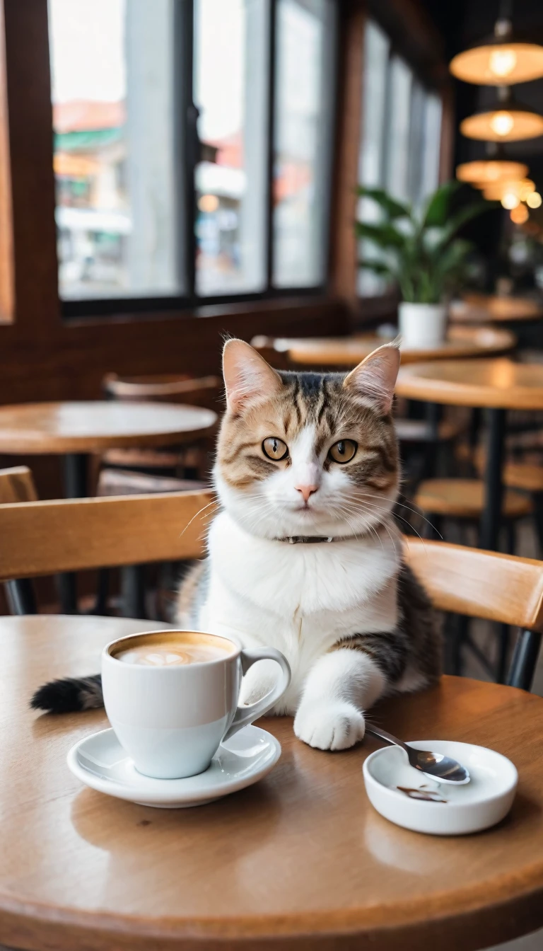 photography of a cutie cat sit with one armrest on the table in the cafe, and they holding a cup of coffee. no blur