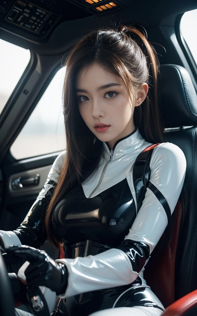 Ultra-high resolution,High-resolution details,Straight Hair, White latex space suit glued to the body, very beautiful, very attractive, very good, Cockpit space, Large Breasts, Window on the Universe, Brown