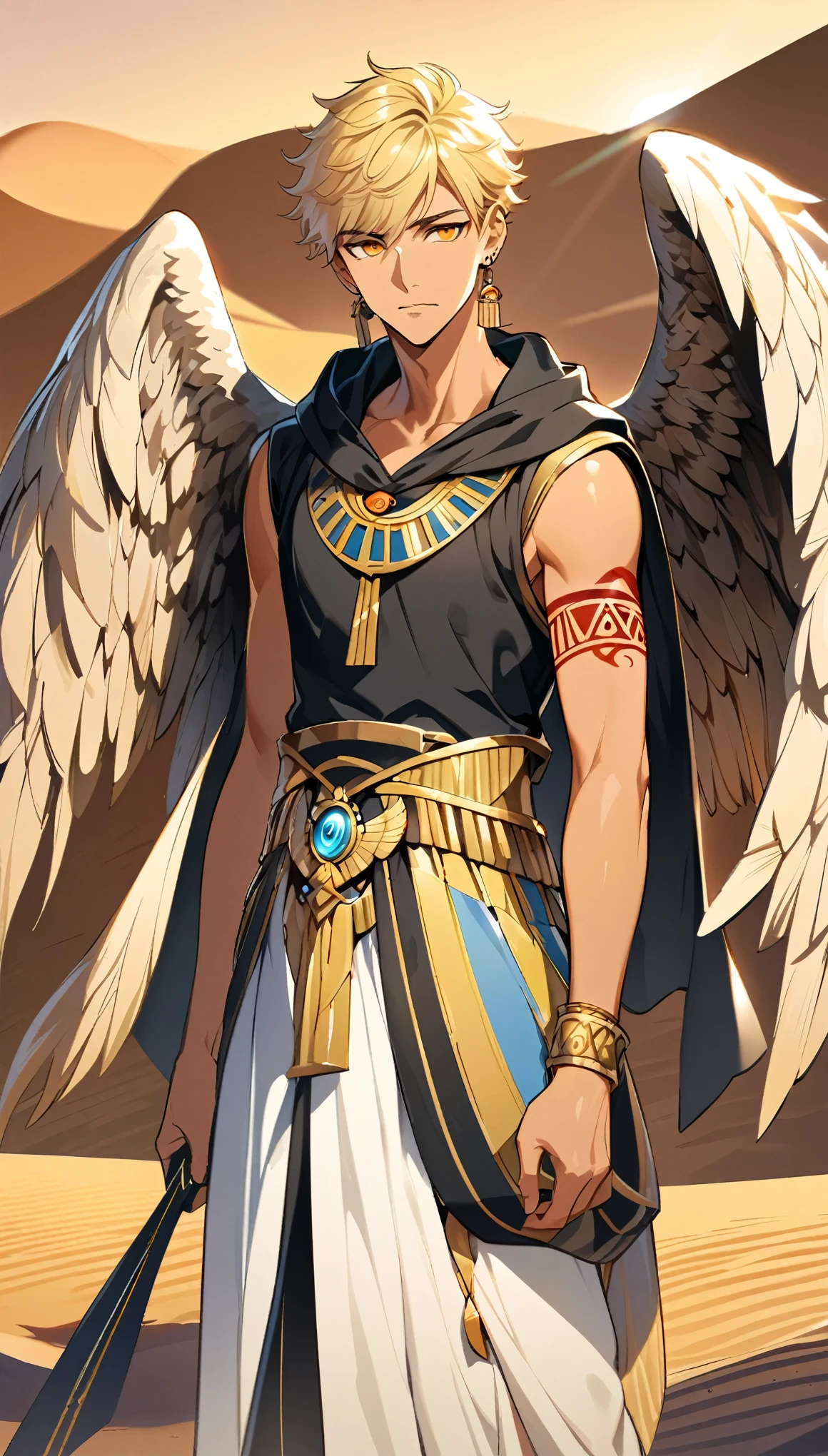 Desert Background,Handsome young man, blond, Orange Eyes, short hair, Black Hoodie,high quality, Draw Amount, pixiv illustrations,Tanned skin,Red tattoo on the arm,(Egyptian style,Egyptian Dress Up),sword,earrings,Sunlight,((Vision)),Eagle wings,full-body shot,
