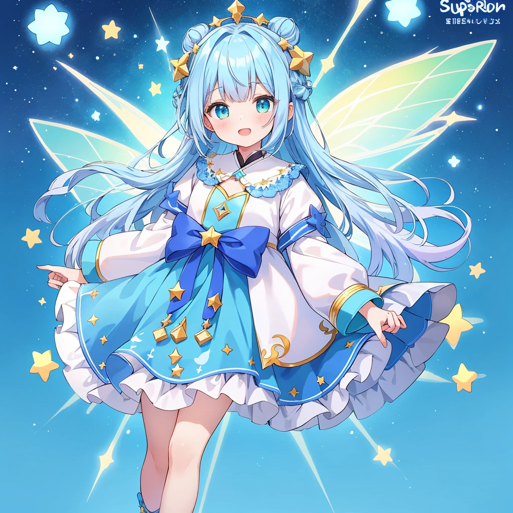 1girl、Standing in front of the viewer、Blue check design dresini box pleats、Original, unique and cute hairstyle、Star Fairy、Star incarnation、Character design front view、A picture facing the viewer、(((Super detailed、Highest quality、Masterpiece)))、Milky white and blue hair color、Simple Green Background、vtuber-fullbody,