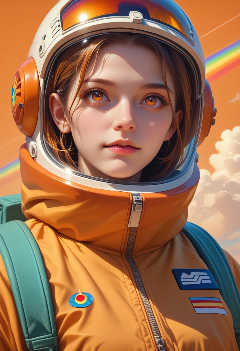 (masterpiece), best quality, expressive eyes, perfect face, Beautiful young woman standing in a rainbow cloud everything around her is big bright splash the color she’s quite happy she’s wearing a backpack. She’s a traveler. She travels new areas in the universe. She’s wearing a rainbow space suit beautiful face big orange space helmet.biomorphic, minimalism, surrealism, dither + artstation