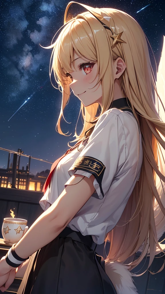 最high quality、Best image quality、masterpiece、girl((18-year-old、 By becoming、Best Bust、Medium Bust,Tea that opened my chest wide、Red glowing eyes, blonde、Messy Hair、Long Hair、thin,Highest valley、Black open neck short sleeve shirt、Open the chest、White wristband、smile、Leaning forward、hair ornaments、、Angle from the side、Fur Tail)),high quality、Beautiful art、background(Starry Sky、Lines of Light)、Flight、Flying debris、Written boundary depth、movie、Visual Arts、Perfect art、8k,Genuine、Makoto Shinkai atmosphere、Starry Skyの下美しい空、Reaching for the sky