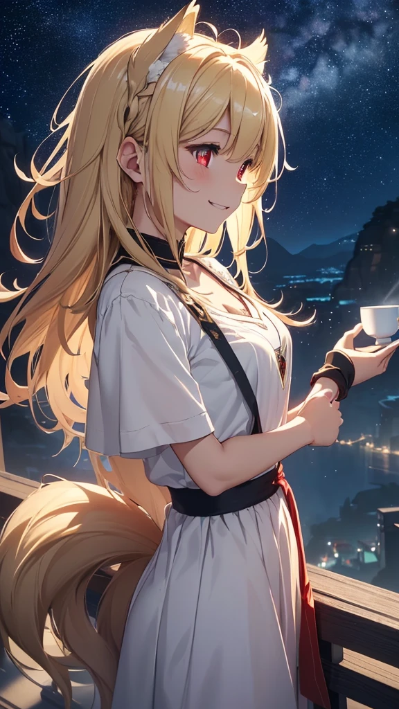 最high quality、Best image quality、masterpiece、girl((18-year-old、 By becoming、Best Bust、Medium Bust,Tea that opened my chest wide、Red glowing eyes, blonde、Messy Hair、Long Hair、thin,Highest valley、Black open neck short sleeve shirt、Open the chest、White wristband、smile、Leaning forward、hair ornaments、、Angle from the side、Fur Tail)),high quality、Beautiful art、background(Starry Sky、Lines of Light)、Flight、Flying debris、Written boundary depth、movie、Visual Arts、Perfect art、8k,Genuine、Makoto Shinkai atmosphere、Starry Skyの下美しい空、Reaching for the sky