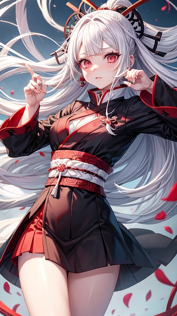 Make me an anime character with white hair and dress in a kimetsu no yaiba with a black and red haori,white skin with a combined katana