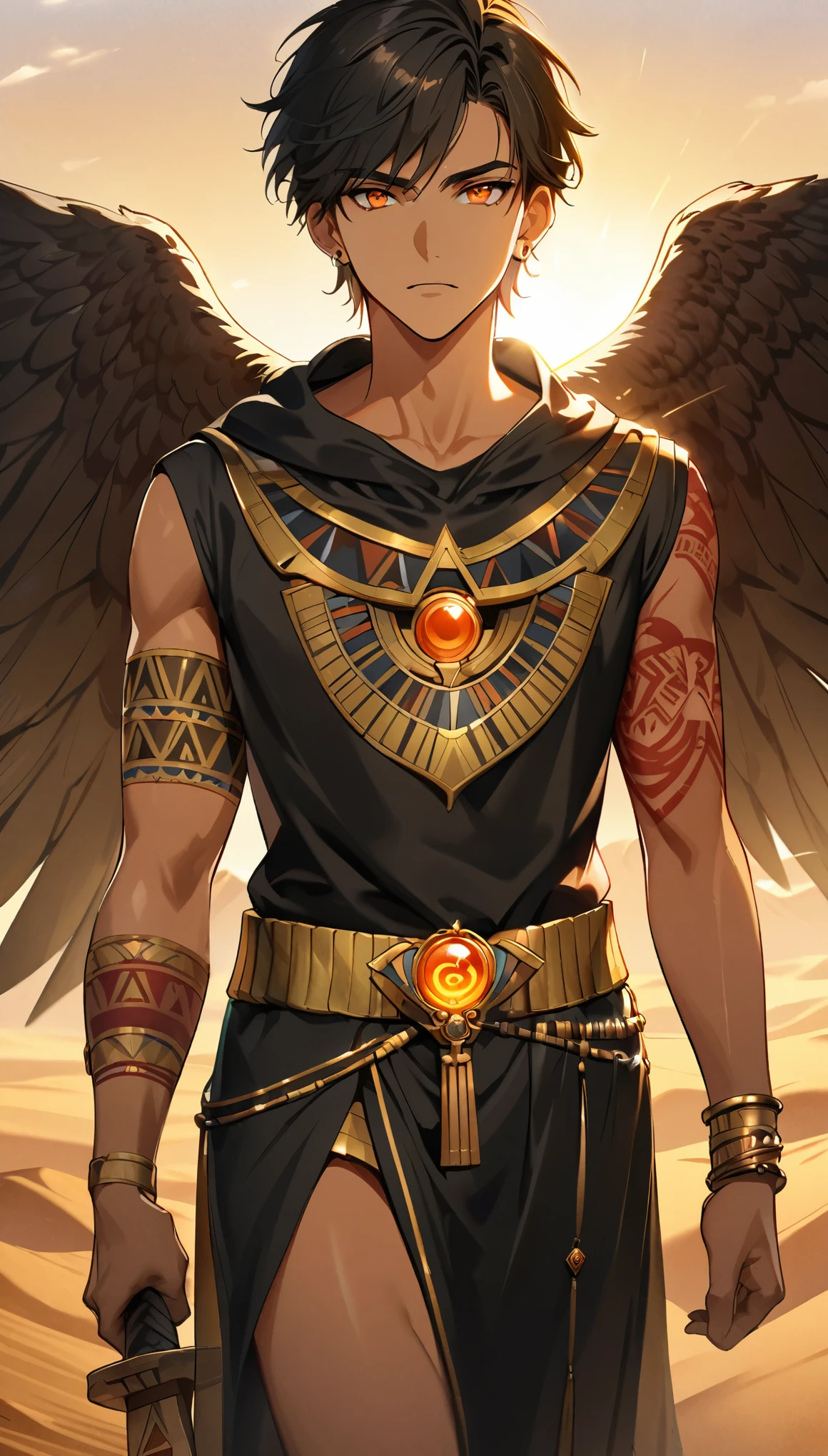 Desert Background,Handsome young man, blond, Orange Eyes, short hair, Black Hoodie,high quality, Draw Amount, pixiv illustrations,Tanned skin,Red tattoo on the arm,(Egyptian style,Egyptian Dress Up),sword,earrings,Sunlight,((Vision)),Eagle wings,full-body shot,