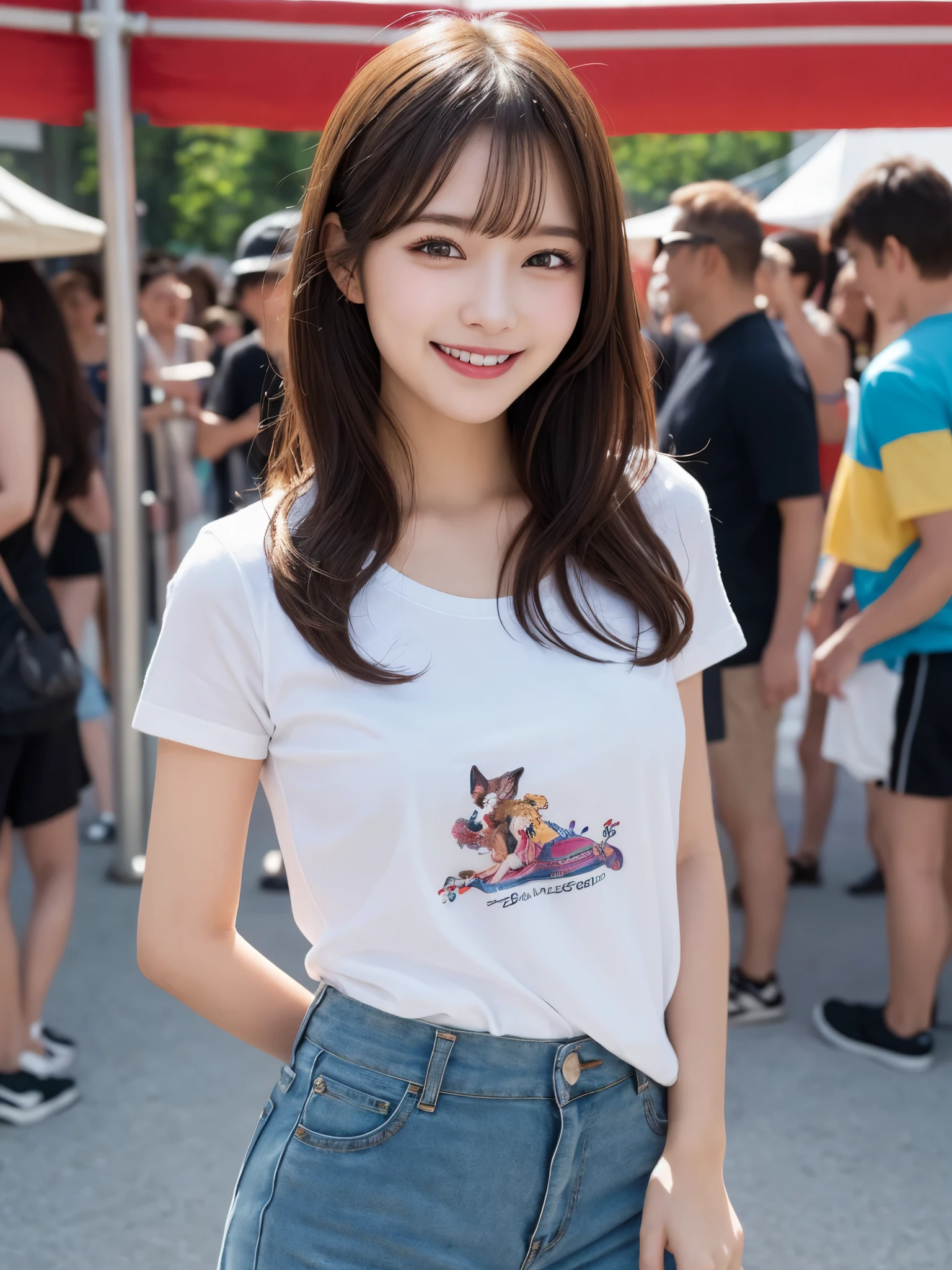 masterpiece, best quality, illustration, ultra-detailed, finely detailed, high resolution, 8K wallpaper, perfect dynamic composition, beautiful detailed eyes, summer festival, t-shirts, shorts, medium hair, small breasts, joyful expression, smile, looking at camera