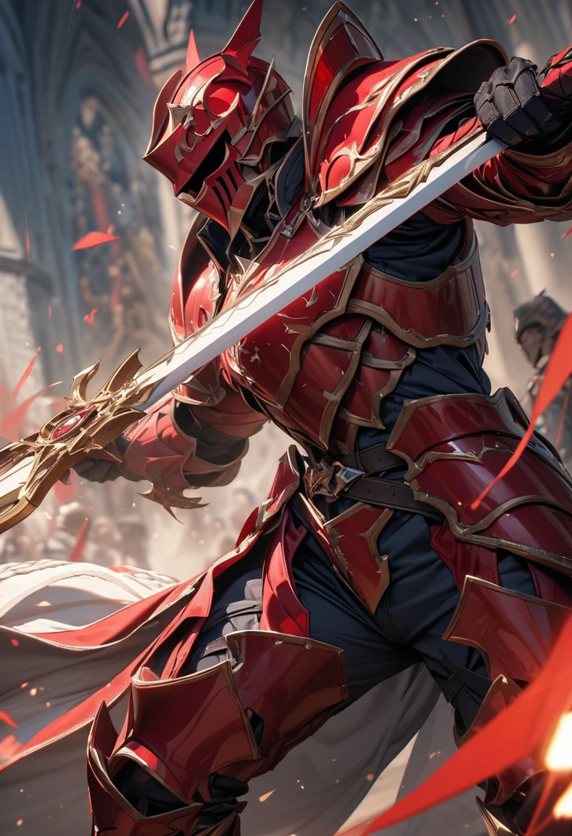 masterpiece, 8k, best quality, highly detailed, a human knight in blue & red knight armor wielding a white lance