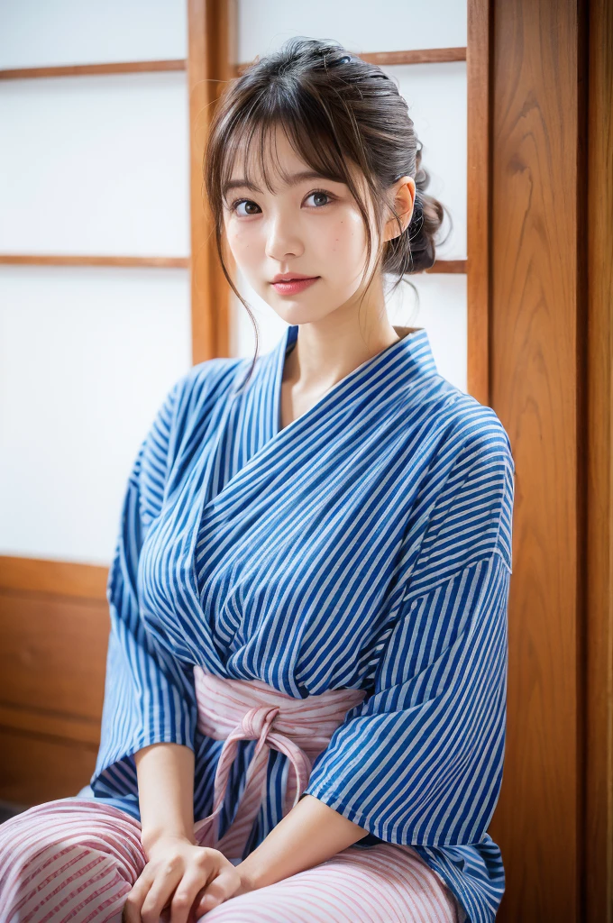 (natta:1.7), East Asian Architecture, 1womanl,Sitting on tatami mats, brunette color hair，（hair between eye）, Lip flap, ,Beautiful fingers,Beautiful long legs,Beauty Body，Cute nose，Beautiful character design，perfect  eyes，face perfect，looking at viewert，（Innocent_Big_Eyes：1.0），（light_Smile：0.3），offcial art，Very detailed CG Unity 8K wallpaper，Perfect litthing，highly colorful，Bright_front_Face_Lighting，（tmasterpiece:1.0),(best_quality:1.0), 超A high resolution,4K,ultra - detailed, photography of, 8K, nffsw, hight resolution, absurderes:1.2, Kodak Portra 400, film grains, the background is blurred, Bokeh:1.2, Lens Flare Glow, ( Vibrant_Color:1.2) (Beautiful,Large_breasts:1.4), (Beautiful_Face:1.5),(narrow_waist-up),8K,Raw photo, 、Relax at a ryokan in Japan、The background is the open-air bath at night at a hot spring inn (Girls are not subjects:1.3) (Hair after a bath:1.3),(Hair is wet:1.3) ((Girls are not subjects:1.2))((Draw a wide night background:1.2),((Yukata with light blue stripes isolated on white background:1.3)),(Yukata does not need gloss at all:1.5)),((No need for a Korean yukata or Korean-style hairstyle.:1.5)),((Faithfully and realistically reproduce a pure Japan yukata:1.5))((Light Pink Band:1.3)),((The background is the entrance living room、At night, Overlooking the inn's large and beautiful gardens..:1.3)),((8th class))、((Light Pink Band:1.5)) ((Beautiful shiny straight short long:1.5)) sixteen years old、((Beautiful shiny straight short long:1.5))((Pink band:1.3))