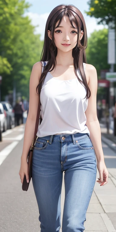 Kaori Brown Long, Brown hair, Pretty Face, Smile ,blush,Blue sky, on the street, Casual wear, jeans ,Bare shoulders,Bare belly,Huge breasts, cleveage,Extremely detailed wallpaper, Perfect lighting, Sunlight,(8K, RAW photos, best quality, masterpiece: 1.2), (Practical, Practical: 1.37), Ultra-high resolution