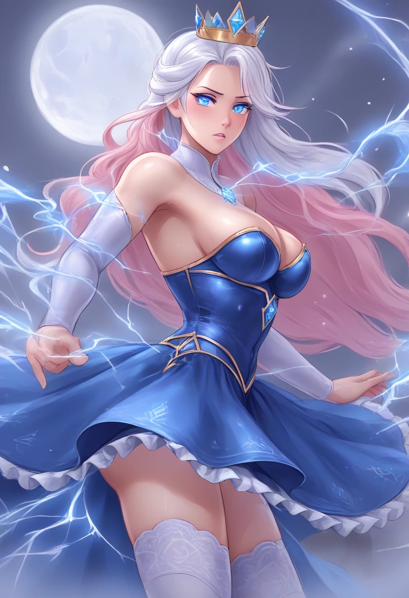 night, ((1 girl)), alone, masterpiece, 8k wallpaper, highres, absurdres, high quality background, long hair, pink hair, multicolor hair, beautiful frozen village, (full bright moon), blue dress, detailed ruffled petticoat dress, jewelry dress, (magic:1.2), blue fire, blue eyes, glowing eyes, fire, ice goddess, (blue detailed beautiful crown), electricity, blue electricity, blue light particles, she's wearing a crown, her lips are big and fierce, her eyes are big and well lined and her breasts and ass are both large, she is the ice queen and she's very beautiful with white hair and a small nose (pink and blue)