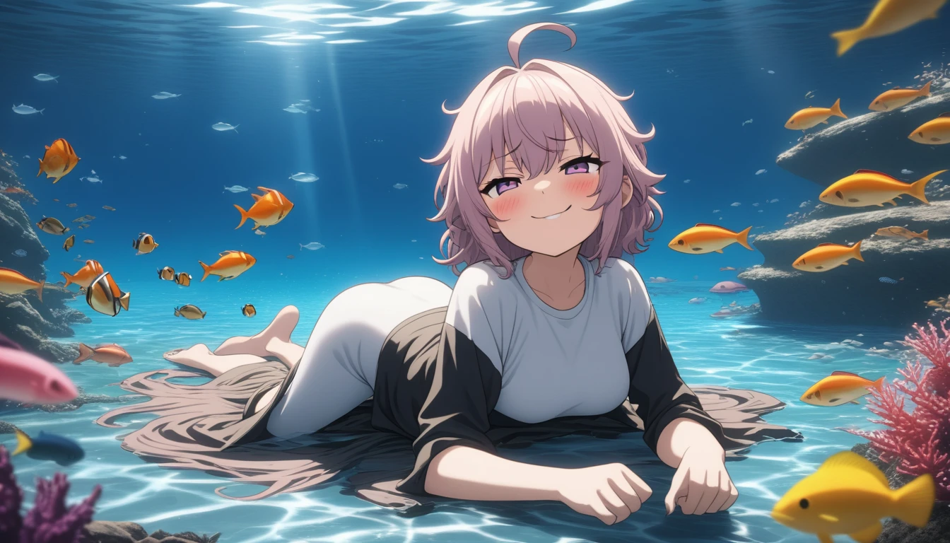 ((cpchann)), ((Masterpiece)), ((best quality)), (Anime: 1.3), (super detail: 1.2), (High definition: 1.3), (Professional photography: 1.2), ( cinematic lighting), (flattened body), (looking at another), ahoge, messy hair, (blush), (smug), (ultra detailed), (cute pose), 1girl, full body, ((in the sea)), (surrounded by beautiful fish), colorful bubble, marine nature, perfect environment, brightness, (sharp focus), (perfect light),