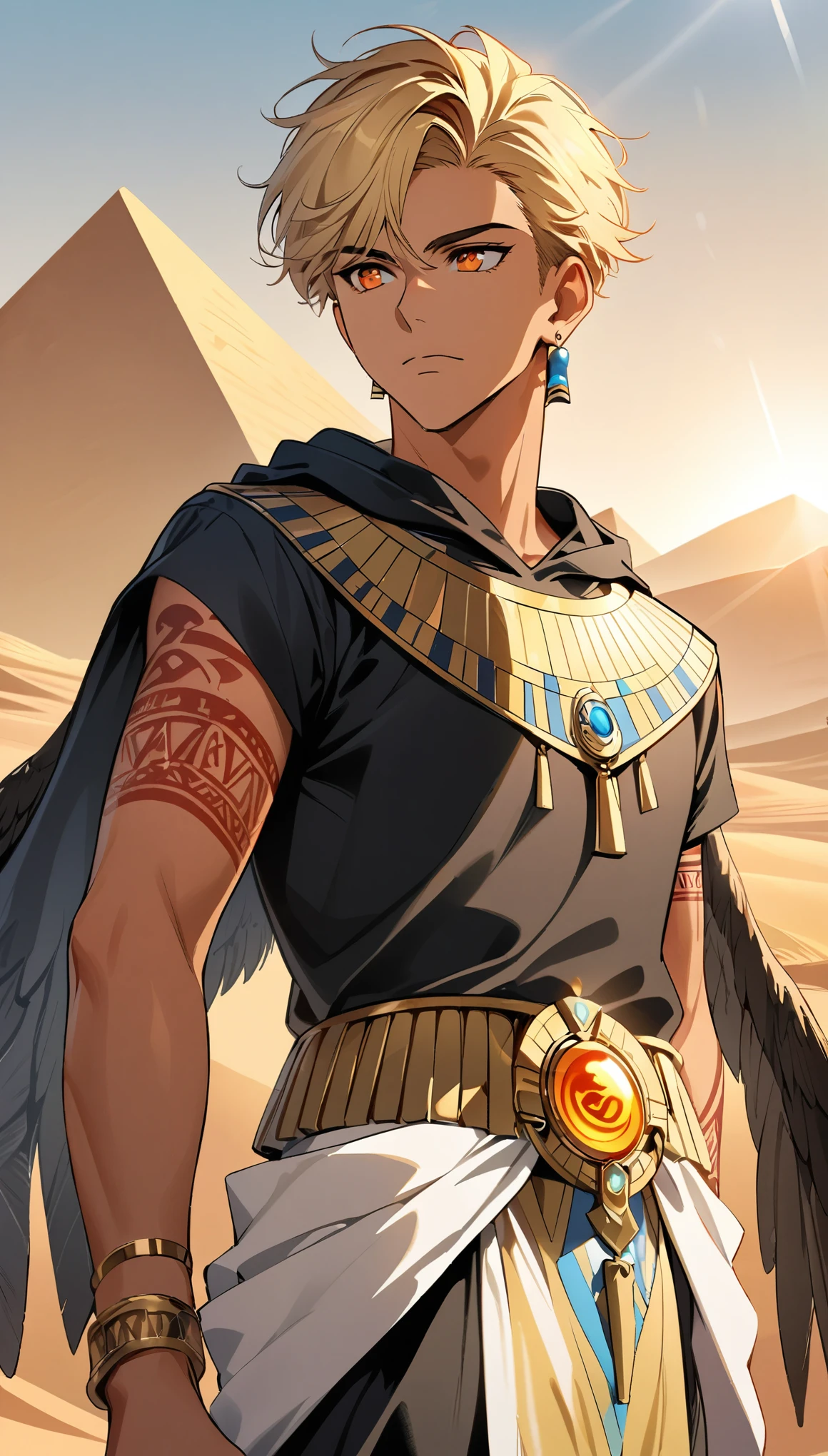 Desert Background，Handsome young man, blond, Orange Eyes, short hair, Black Hoodie,high quality, Draw Amount, pixiv illustrations，Tanned skin，Red tattoo on the arm，(Egyptian style，Egyptian Dress Up)，sword，earrings，Sunlight，((Vision)),Eagle wings，full-body shot，