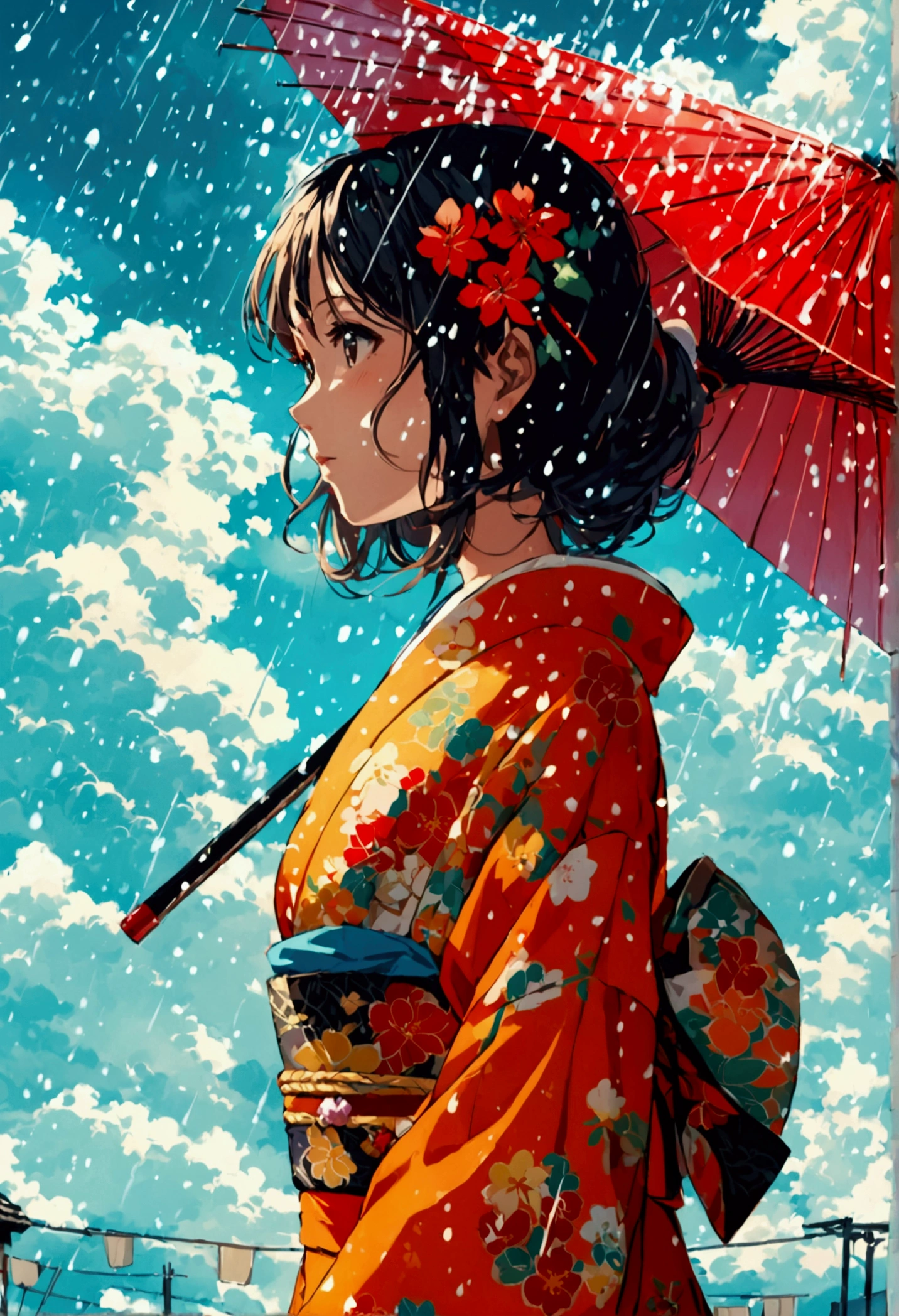 A girl at beautiful Japanese street and huge clouds raining
