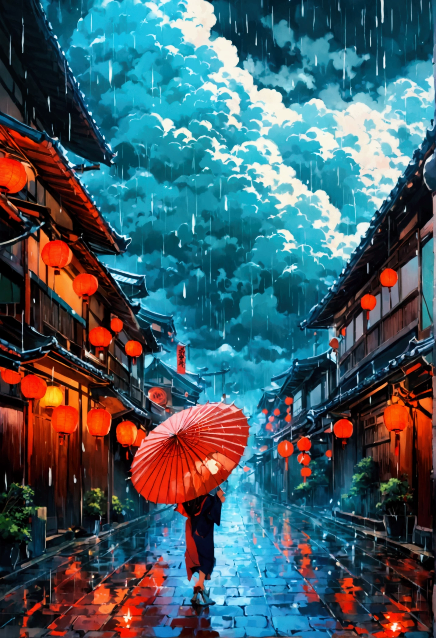 A girl at beautiful Japanese street and huge clouds raining