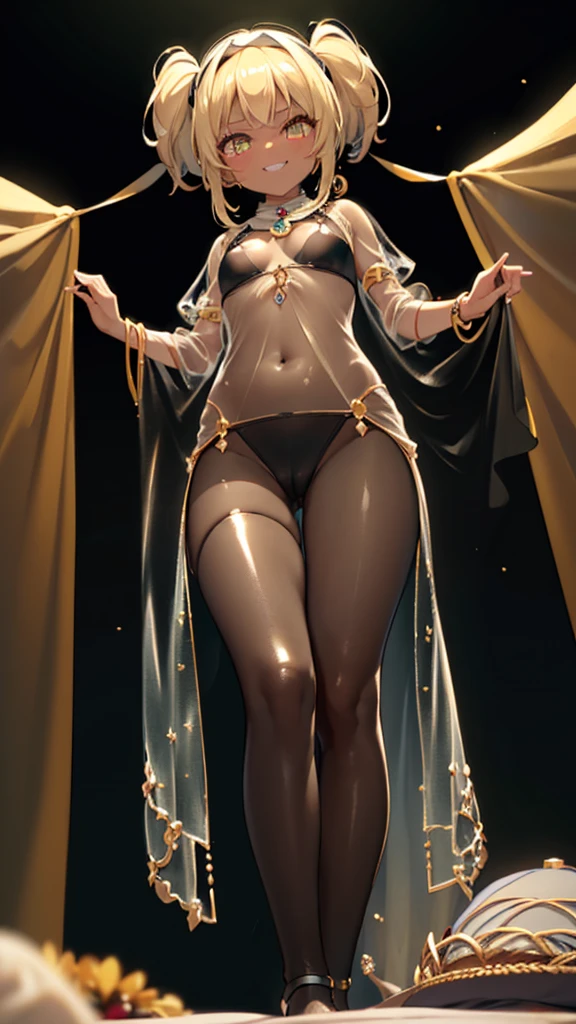 1girl, Angle from below:1.8, The girl bends forward to show off her breasts、legs apart, (Blade), (Tanned shiny black skin:1.6)、Glowing Eyes, ((Sexy evil grin)), ( girl), blondes、Twin tails、forehead、Small breasts, hat, ((((arabian clothes, see-through)), (headband), (Areola Slip), small breasts, (jewelry)))、desert, ((sahara)), ((focus crotch))、(手を頭の後ろで組む), (crotch),((foot)), 足の裏、(足を開いて座る), 