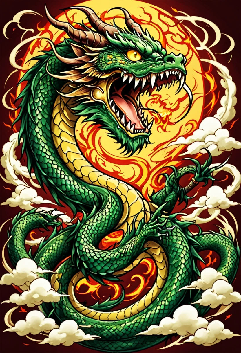 1 dragon, Traditional Japanese tattoo design, realistic tattoo art of green Chinese dragon with brown horns, (((yellow eyes))) with red thunder effect ,he is with open mouth looking very fierce and angry, the background is Japanese cloud tattoo, (Unity 16K Wallpaper, masterpiece, Best Quality, high quality, Ultra-detailed, extremely details), 1 dragon, Traditional Japanese tattoo design, realistic tattoo art of green Chinese dragon with brown horns, (((yellow eyes))) with red thunder effect ,he is with open mouth looking very fierce and angry, the background is Japanese cloud tattoo,