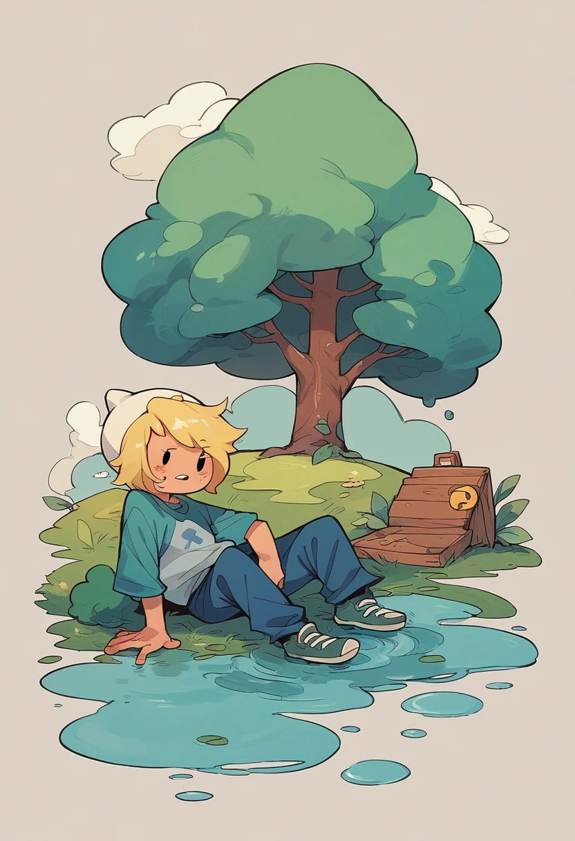 Create an image of Finn the Human from Adventure Time seeing his reflection in a puddle