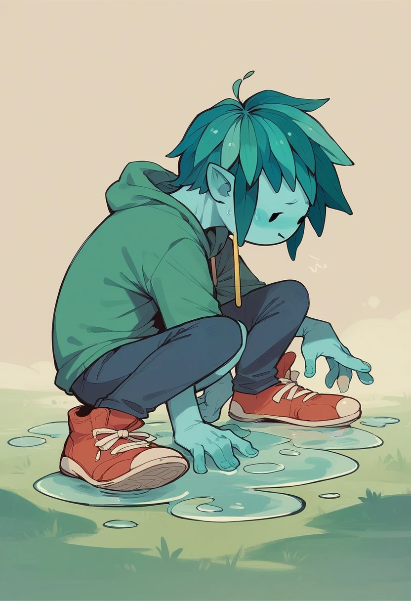 Create an image of Finn the Human from Adventure Time seeing his reflection in a puddle