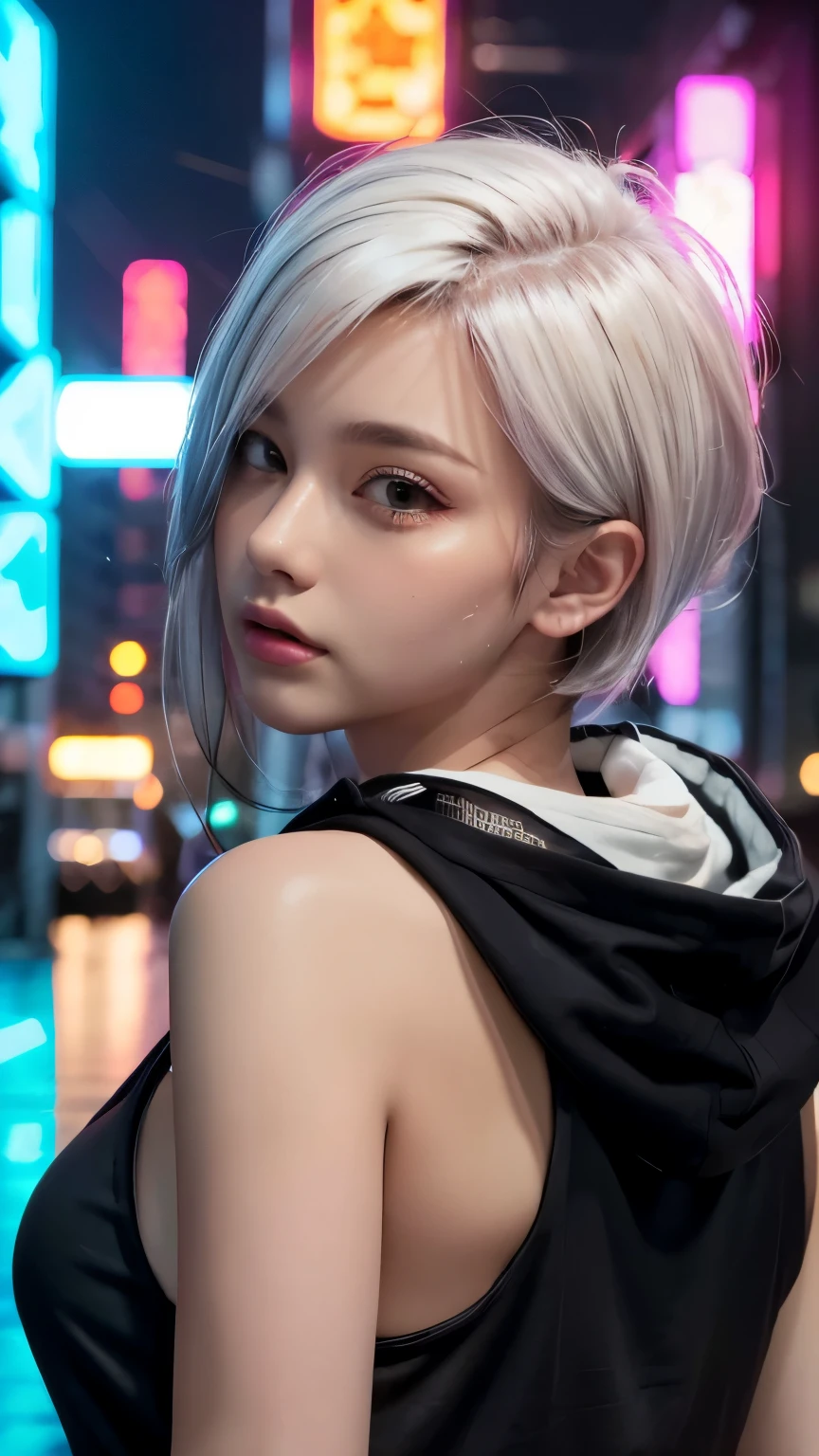 masterpiece, Highest quality, Very detailed, 8k, Realistic, One Girl, alone, Tomboy, Very detailed face, (head shot:1.5), Cyberpunk neon lit futuristic city、Neon lights illuminate the scene, at night, Cyberpunk art, 32K, Ultra HD, Unreal Engine Rendering, Cinema Lighting,Pixie cut white hair, He is wearing a short tank top and an open-zipped hoodie.....,I can see your chest,Nice ass,Wear a New Era cap