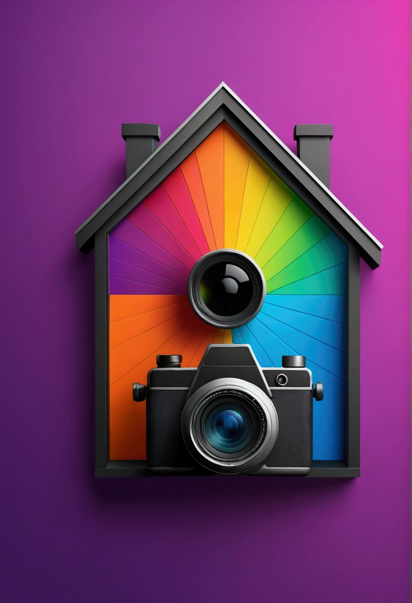 A colorful logo for a studio with a photo house theme that is a combination of a house and a camera