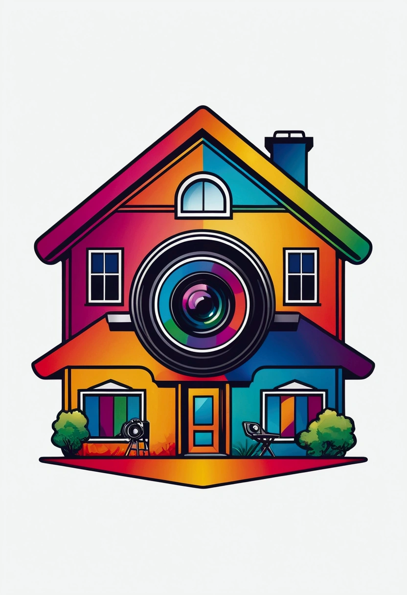 A colorful logo for a studio with a photo house theme that is a combination of a house and a camera