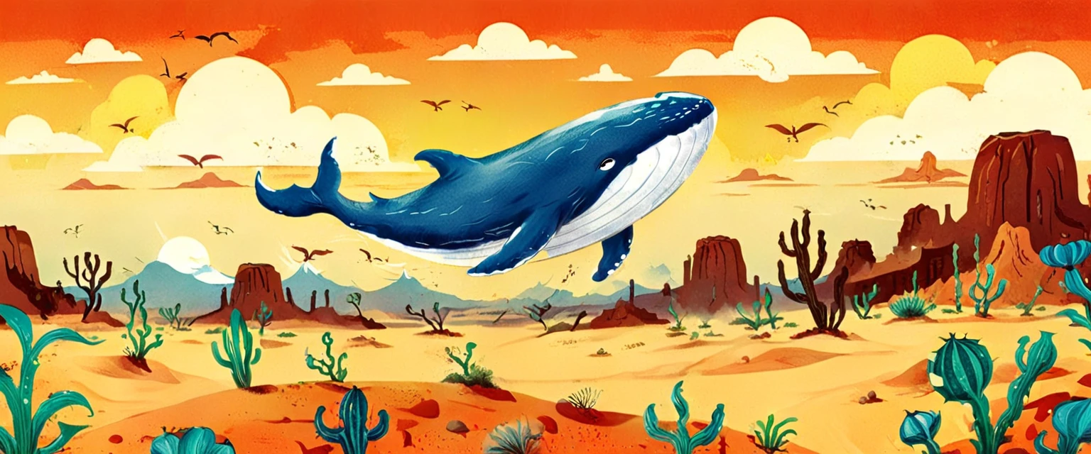 Whale flying over the desert、EdobHorrorLandscape、Children's Illustration Style、vintage comic book