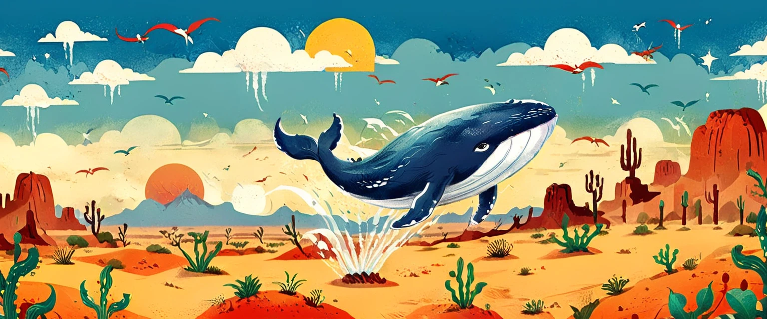 Whale flying over the desert、EdobHorrorLandscape、Children's Illustration Style、vintage comic book