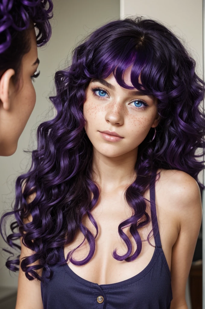 A girl with curls and black hair with purple and blue tips , red eyes and freckles looking in the mirror
