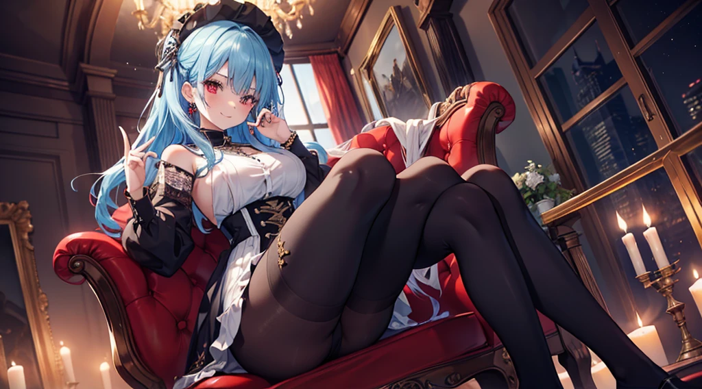 Highest quality, masterpiece, figure, wallpaper,One girl,Black Y-shirt, Light Hair, Beautiful detailed girl, Highly detailed eyes and face, Beautiful attention to detail, Shine,Browsing Caution, View your viewers, Chair, night, Black Pantyhose, Straight hair, Red Eyes, Semi-long hair,beautiful light blue hair, thick_Thighs, Large Breasts, Red eyes,beautiful finger, clear background, deep night, sit、smile、Big earrings、bracelet、Gal、candle、ring