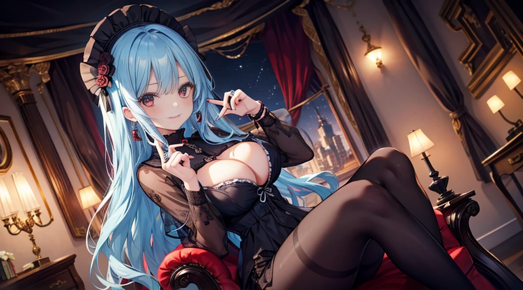 Highest quality, masterpiece, figure, wallpaper,One girl,Black Shirt, Light Hair, Beautiful detailed girl, Highly detailed eyes and face, Beautiful attention to detail, Shine,Browsing Caution, View your viewers, Chair, night, Black Pantyhose, Straight hair, Red Eyes, Semi-long hair,beautiful light blue hair, thick_Thighs, Large Breasts, Red eyes,beautiful finger, clear background, deep night, sit、smile、Big earrings、bracelet、Gal、candle、Manicure、ring