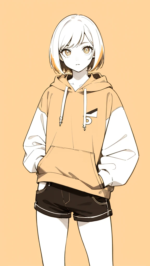 (masterpiece, highest quality:1.6), alone, thick outline, (pastel, simple background, light orange background, monochrome, light orange theme:1.2), official art, Key Visual, 8K, disorganized, whole body, (unique hair, oversized hoodie, hot pants, arch back, short torso:1.2), belly button, thighs, cowboy shot, HDR, sharp focus, High resolution, most detailed, very detailed, Super detailed, finely, detailed eyes and face, sharp pupils, realistic student, solo, orange and white contrast, solo, hands in pockets