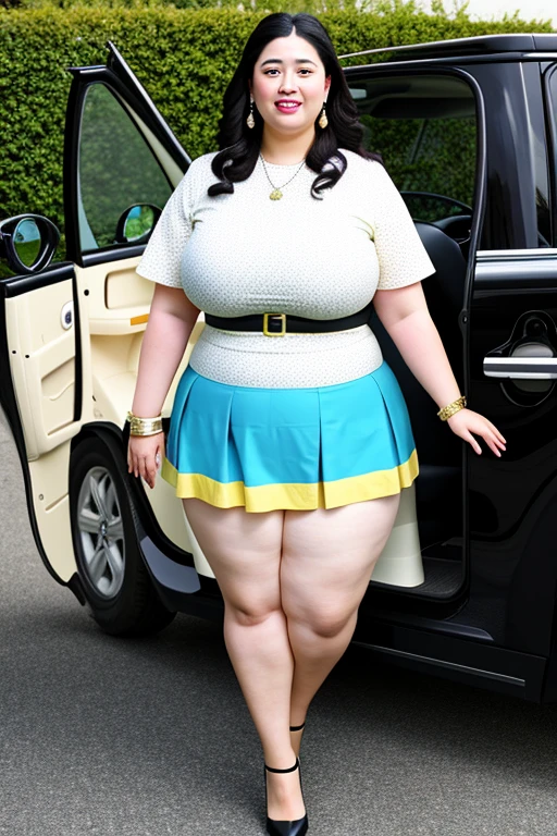 masterpiece, best quality, Real picture, 140kg extremely obese woman, large stomach, mini skirt, high heel, necklace, earring, bracelet