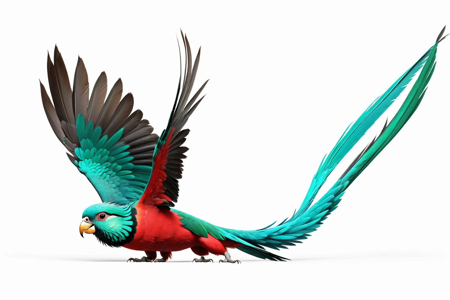 (8k, 16K, Highest quality, High resolution, 非常にdetailed,Anatomically correct, Realistic, RAW Photos: 1.1),
((quetzal:1.4), Costa Rica's national bird,Distinctive lapis lazuli tail feathers,Two very long tail feathers and two not so long tail feathers,((Deep green crest on head)),Lapis Lazuli Feather,The belly has red feathers,Black flight feathers,),,(Three or more legs:-1),
Textured, detailed, artistic,