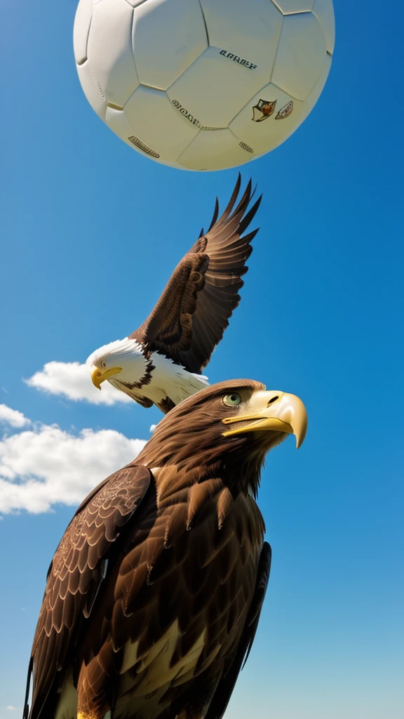 An eagle with human body. Playing soccer above the sky.