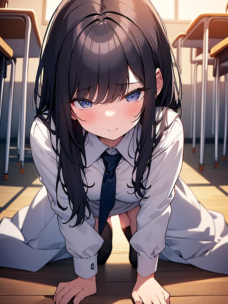 NSFW:1.9. Classroom Sex from behind:1.9 On all fours:1.9 tall women:1.9 Penis inserted into pussy:1.I&#39;m lying face down on the 9th page:1.9 Tall, well-built, adult woman, bottom view, white summer sailor uniform, navy blue skirt, short black hair, ponytail:1.9 Long hair Straight hair Hair tie Swept bangs to the side:1.9. Slanted eyes, brown eyes, tall, strong-willed, beautiful, large breasts, white underwear