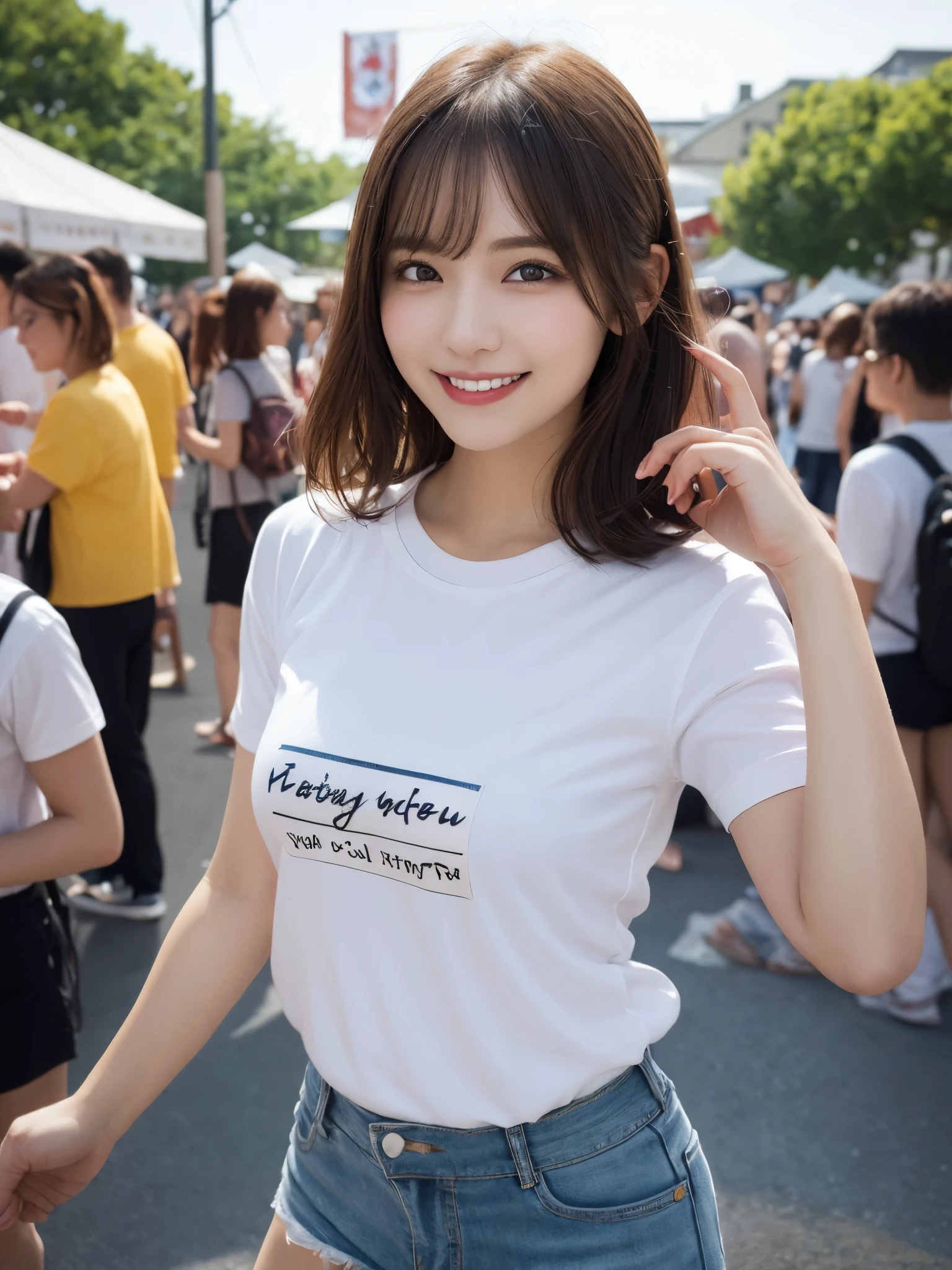 masterpiece, best quality, illustration, ultra-detailed, finely detailed, high resolution, 8K wallpaper, perfect dynamic composition, beautiful detailed eyes, summer festival, t-shirts, shorts, medium hair, small breasts, joyful expression, smile, looking at camera