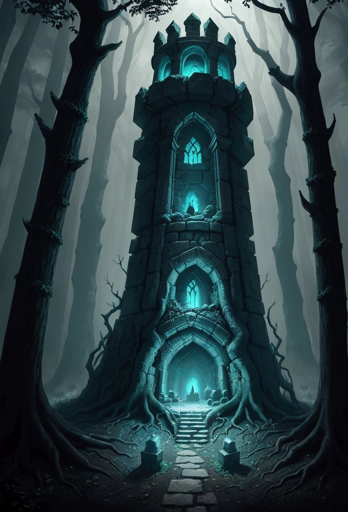 ancient forgotten catacomb, buried beneath the roots of a haunted forest. Utilize a dark fantasy art style with a dark, desaturated color palette. The view must be isometric, showing all the architectural details and RPG-style setting