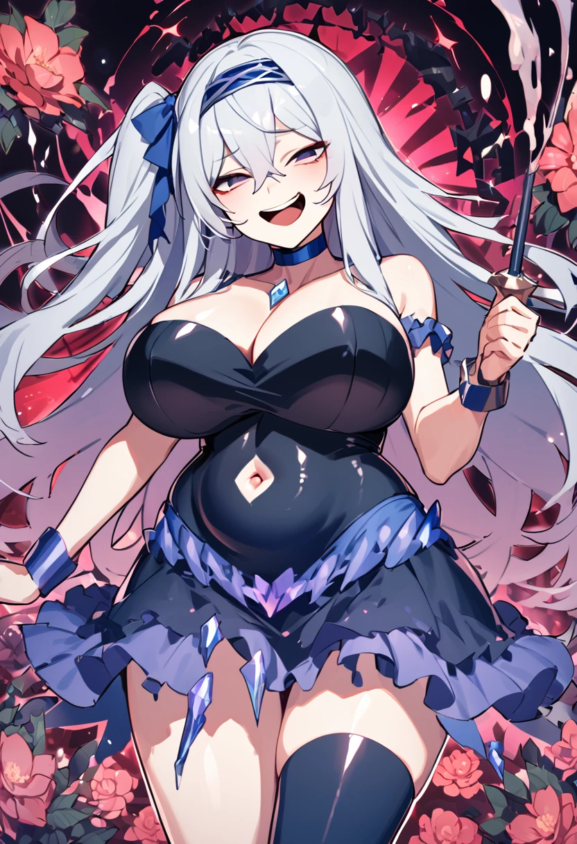 Wrist cuff, Blue Skirt, Black latex dress, Side Ponytail, Blue Boots, gem, hair band, Navy knee socks, Blue Ribbon, belly button, Floral Background, corruption, NTRGAO, Hollow Eyes, Half-closed eyes, Wicked Smile, No students, Crazy Smile, Open your mouth, One girl,  Mature Woman, Married women, Dark Magical Girl,Huge mistake（Huge breasts：1.8)