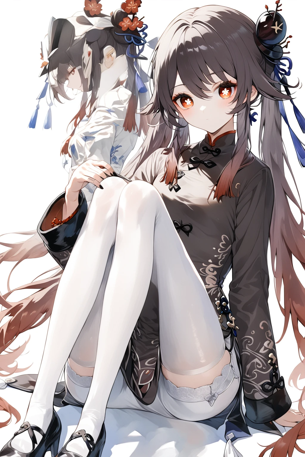 General，1girl, hu tao \(genshin impact\), genshin impact，alone, Viewers, Pure white background,，sit，foot，foot底，whole body，full，have no color，angle, masterpiece, best quality，White garter belt，Absolute Domain,cheongsam,watercolor (medium)