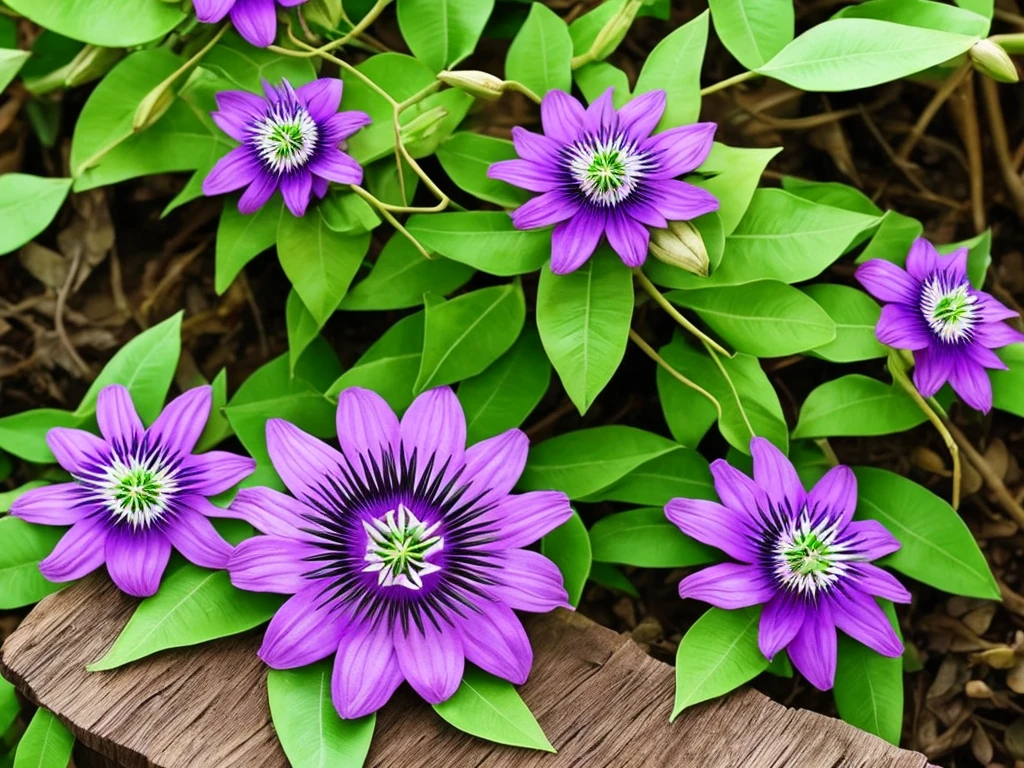 purple flower on a wooden post with green leaves, passion flower, large exotic flowers, beautiful!!!!!!!!!, intricate beauty, incredibly beautiful, very intricate, exquisitely detailed, extremely intricate, passion fruits, staggering in its beauty, intricate and beautiful, stunningly beautiful, ❤🔥🍄🌪, amazing beauty, highly intricate, australian wildflowers, intricate!!, beautiful flower, highly beautiful