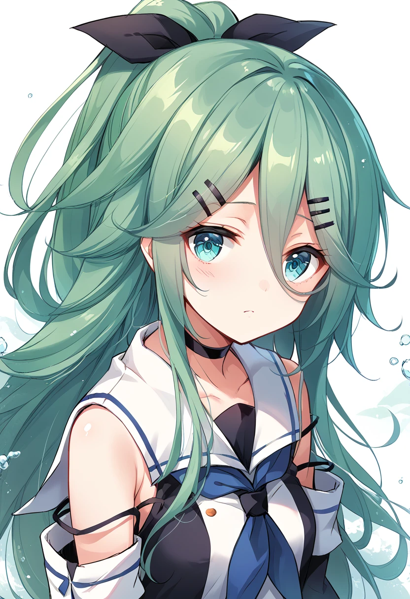 score_9, score_8_up, score_7_up, score_6_up, source_anime, 1girl, (dynamic angle), (perfect image), 8k wallpaper, most detailed, Complex, delicate background, offical art,{yamakaze_kantaicollection:1.15},green_hair,hair_between_eyes,long_hair,hair_ornament,hairclip,hair_ribbon, ponytail,green_eyes,blue_eyes,bangs,
ribbon black_ribbon,serafuku,school_uniform,detached_sleeves,neckerchief,blue_neckerchief,black_serafuku,choker,sidelocks