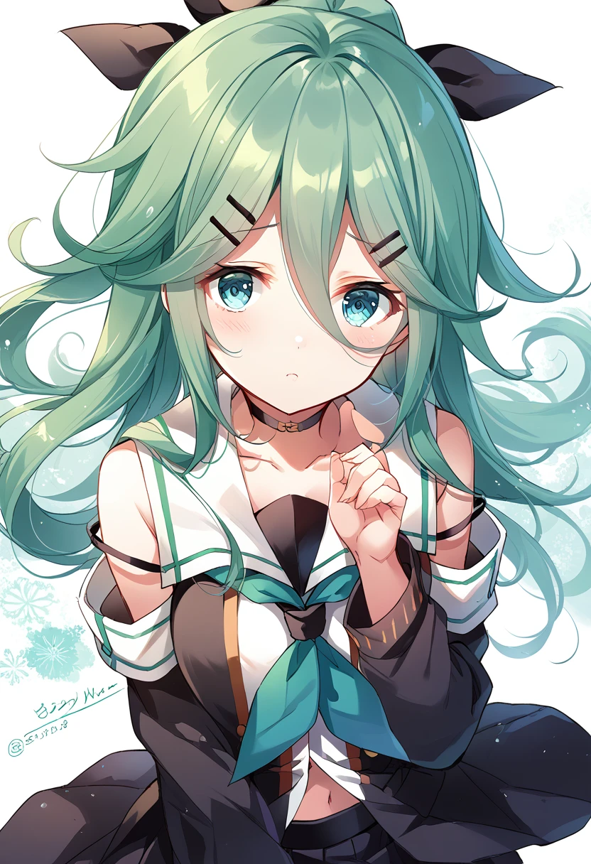 score_9, score_8_up, score_7_up, score_6_up, source_anime, 1girl, (dynamic angle), (perfect image), 8k wallpaper, most detailed, Complex, delicate background, offical art,{yamakaze_kantaicollection:1.15},green_hair,hair_between_eyes,long_hair,hair_ornament,hairclip,hair_ribbon, ponytail,green_eyes,blue_eyes,bangs,
ribbon black_ribbon,serafuku,school_uniform,detached_sleeves,neckerchief,blue_neckerchief,black_serafuku,choker,sidelocks