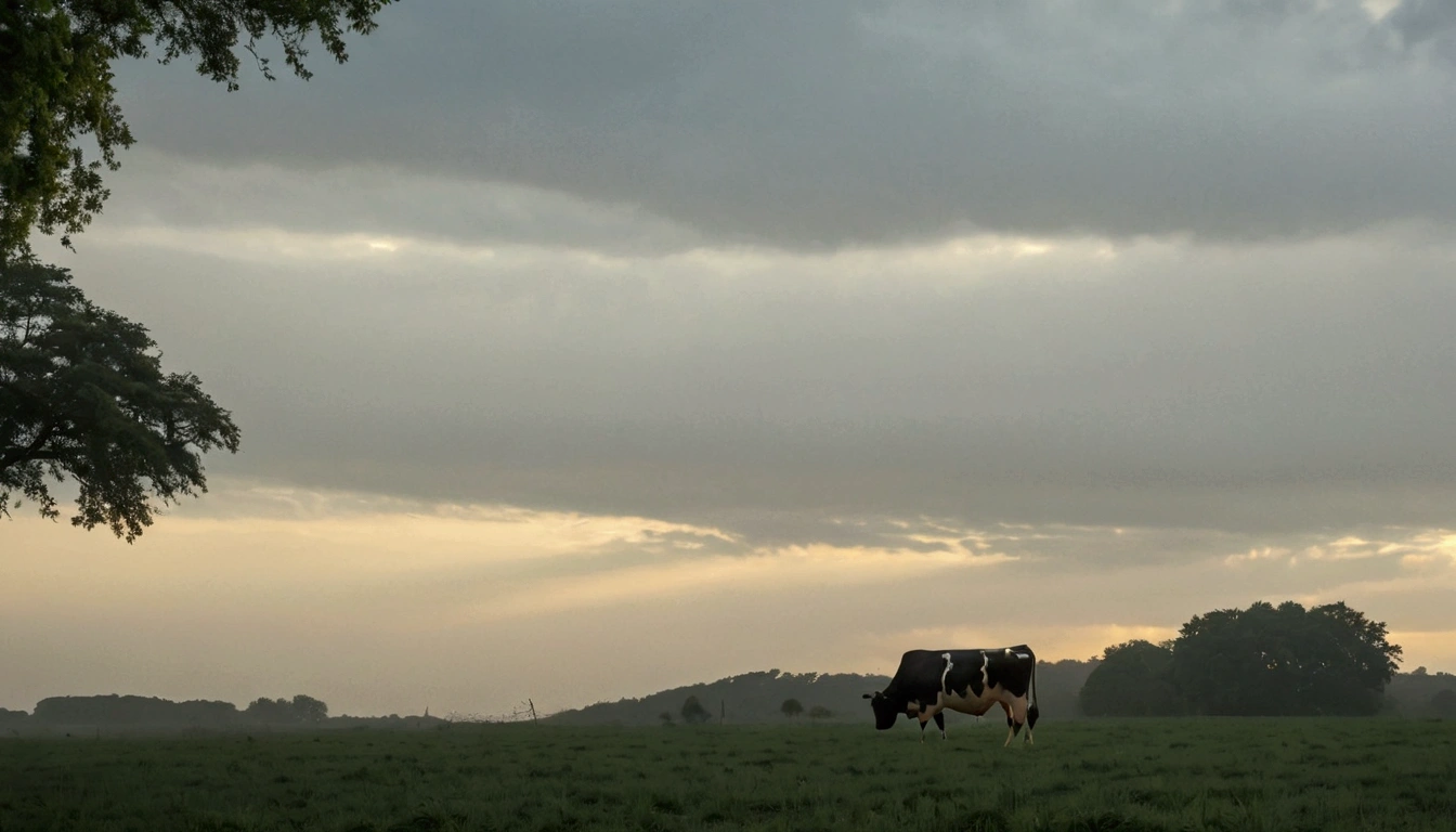 there is a cow standing in a field with a sky background, beautiful late afternoon, overcast dusk, early morning, day setting, overcast dawn, mid morning lighting, moody evening light, moody sky at the back, in the early morning, early morning mood, early evening, moody setting, overcast day, it is afternoon, image from afar, moody morning light
