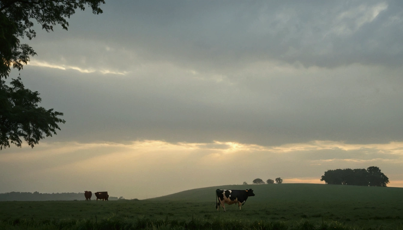 there is a cow standing in a field with a sky background, beautiful late afternoon, overcast dusk, early morning, day setting, overcast dawn, mid morning lighting, moody evening light, moody sky at the back, in the early morning, early morning mood, early evening, moody setting, overcast day, it is afternoon, image from afar, moody morning light