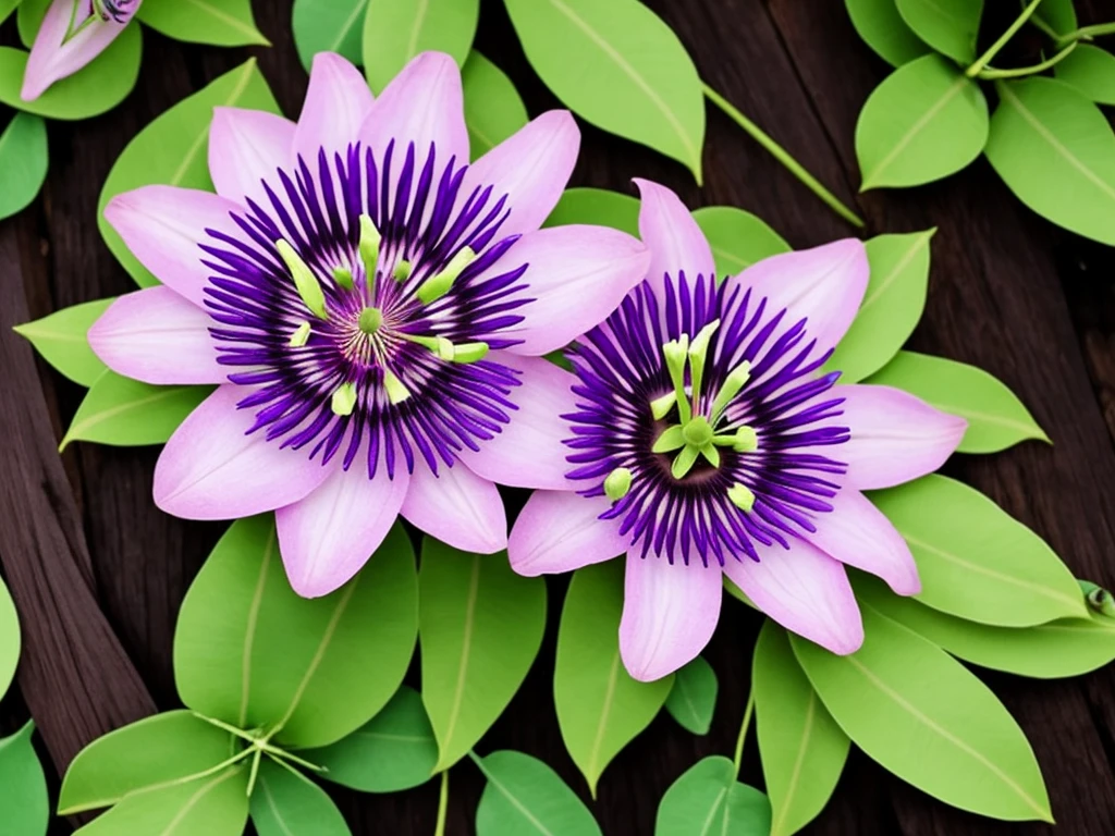 purple flower on a wooden post with green leaves, passion flower, large exotic flowers, beautiful!!!!!!!!!, intricate beauty, incredibly beautiful, very intricate, exquisitely detailed, extremely intricate, passion fruits, staggering in its beauty, intricate and beautiful, stunningly beautiful, ❤🔥🍄🌪, amazing beauty, highly intricate, australian wildflowers, intricate!!, beautiful flower, highly beautiful